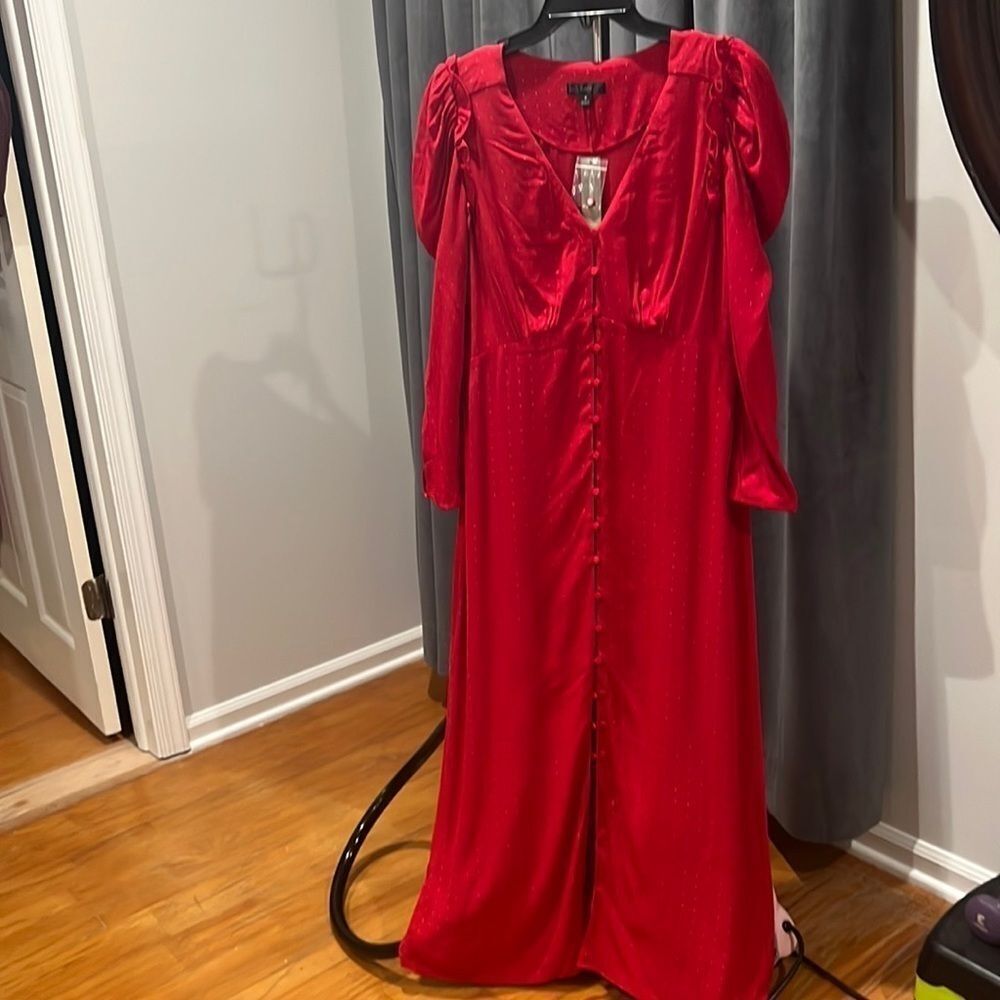 J. Crew NWT long maxi red puff sleeve button front dress